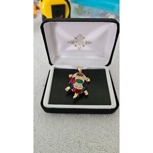 Vintage Red and Green Enamel Rhinestone Turtle Brooch, Gold-tone, 2" x 1"